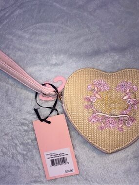 Juicy Couture Heart-Shaped Straw Wristlet with Pink Floral Embroidery